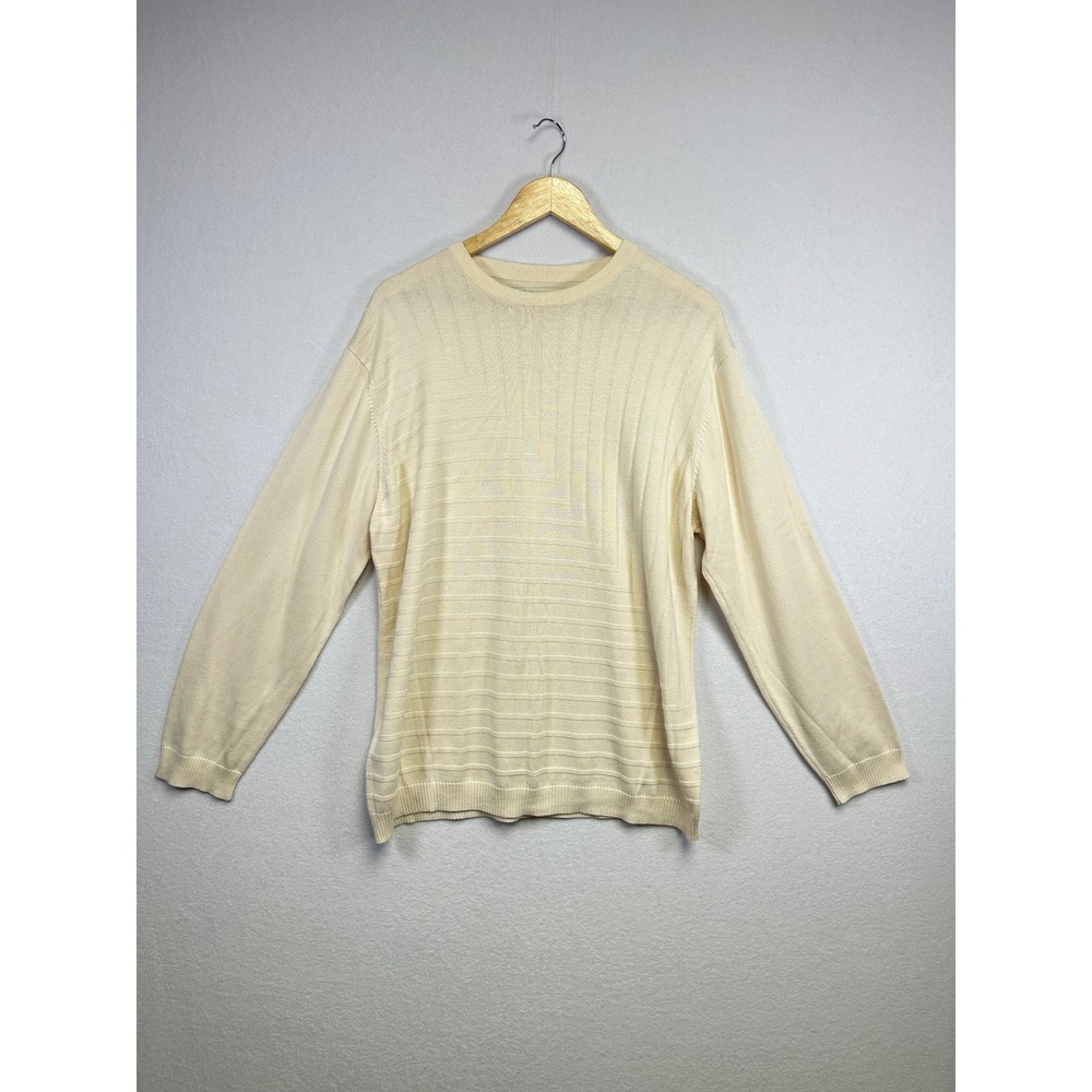 Perry Ellis Cream Knit Sweater XL Ribbed Texture‎ Crew Neck Long Sleeve